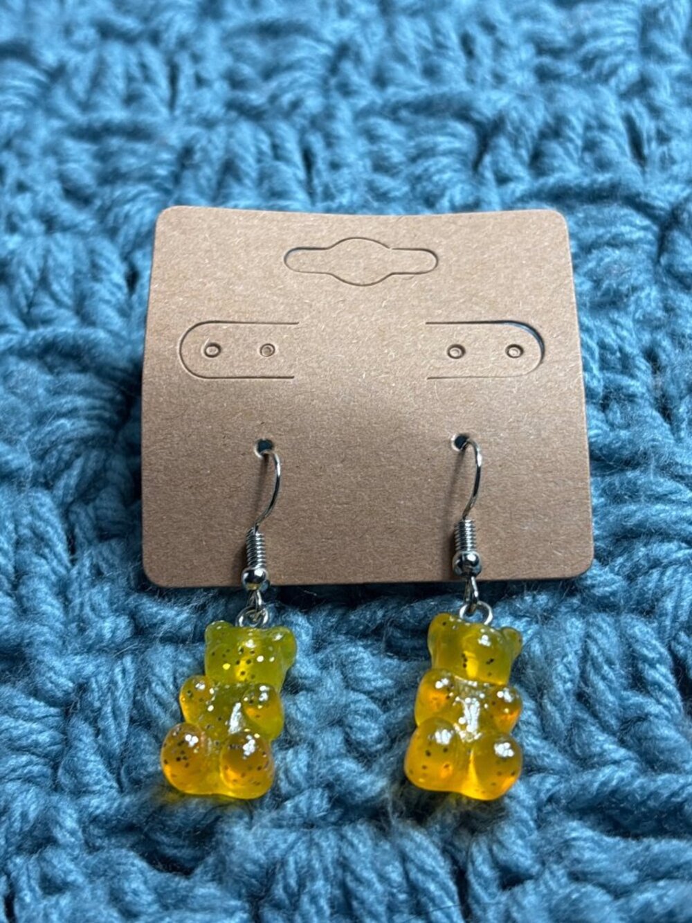 Plastic Gummy Bear Dangle Earrings Yellow Silvertone Glitter 0.75 inch